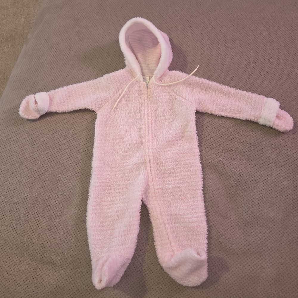 Vintage 1950’s 60's Teddy Bears Baby Pink Fleece Snow Bunting Snowsuit 6-12 Mont